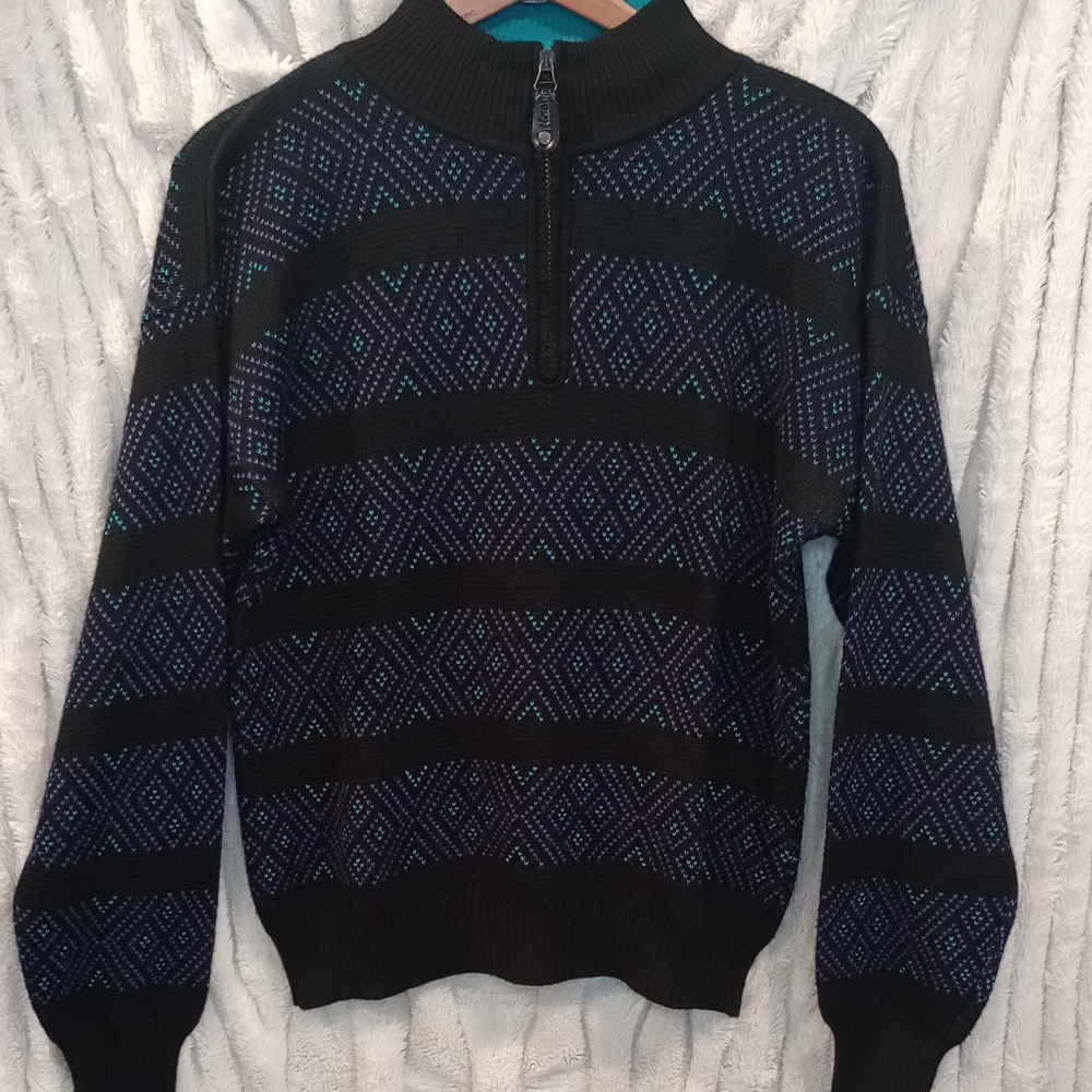 Kaelin Sweater Ski Knit 1/4 Zip Black Geometric Wool Blend Medium vintage